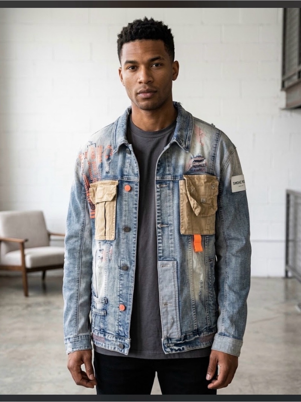 Smoke Rise XL Tactical Distressed Cargo Trucker Denim Jacket 3D Pockets Graphic